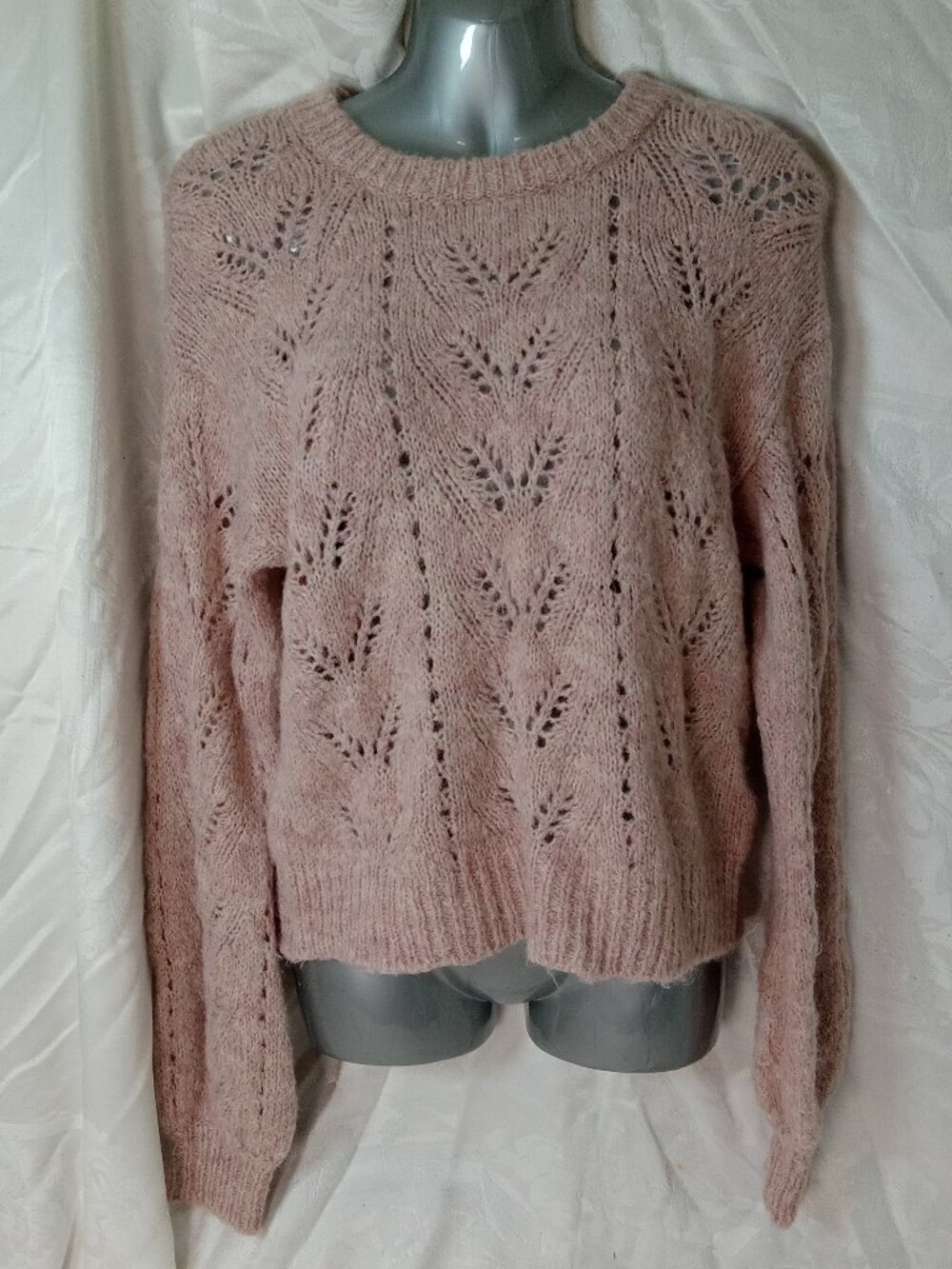 American Eagle Open Knit Cropped Leaf Sweater Pink Sz S Wool Blend Balletcore